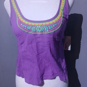 Decree Purple Scoop‑Neck Tank Top | Neon Embroidered Trim | XS | NWT